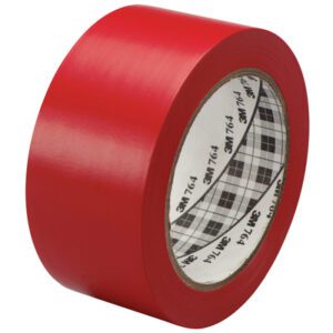 A 6-pack of 3M General Purpose Vinyl Tape 764 in red, sized 2 x 36 yds., showcases a visible inner plaid pattern and angled rolls to highlight width and core.