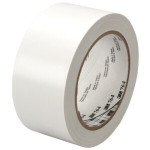 A 6-pack of 3M General Purpose Vinyl Tape 764, size 2 x 36 yds., features a glossy white finish with printed text on the inner core, displayed upright to highlight its sleek surface and thickness.