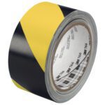 A 2-pack of 3M Safety Stripe Warning Tape 766, featuring iconic black/yellow stripes, measures 2 x 36 yds. for maximum safety visibility.