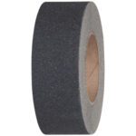 A roll of 2 x 60 Black Tape Logic® Anti-Slip Tape (1 Roll/Case) stands upright on a white background, highlighting its textured surface and brown cardboard core.