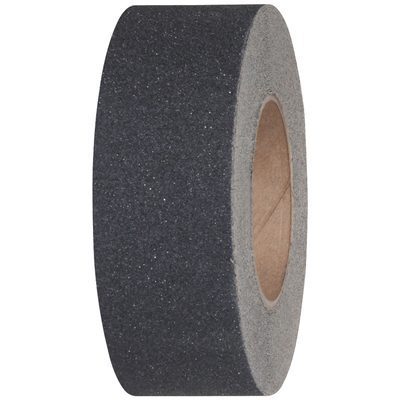 T96780B.jpg A roll of 2 x 60 Black Tape Logic® Anti-Slip Tape (1 Roll/Case) stands upright on a white background, highlighting its textured surface and brown cardboard core.