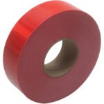 The product is a 2 x 150 Red 3M™ 983 Reflective Tape (1 Roll/Case) featuring a honeycomb pattern and tightly wound around a cardboard core. Its reflective surface enhances safety and visibility.