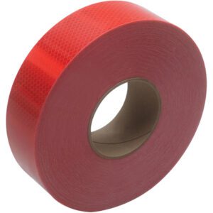 The product is a 2 x 150 Red 3M™ 983 Reflective Tape (1 Roll/Case) featuring a honeycomb pattern and tightly wound around a cardboard core. Its reflective surface enhances safety and visibility.