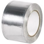 An upright roll of MH-USA 3 x 60 yds. Industrial Aluminum Foil Tape, featuring a shiny, smooth metallic finish and a round inner cardboard core, set against a white background.