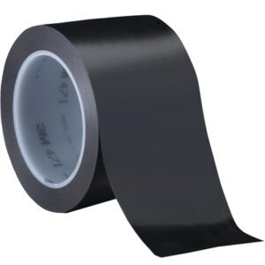 A partially unrolled roll of 3 x 36 yds. Black (3 Pack) 3M Vinyl Tape 471 with a shiny black surface and wide width reveals its white interior with gray markings, all set against a plain white background.
