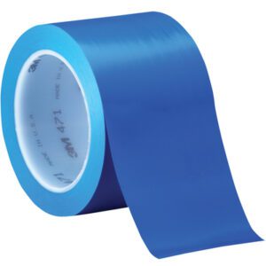 A partially unwound roll of glossy, bold blue 3M Vinyl Tape 471 stands on a white surface, measuring 3 x 36 yds. Its included in a convenient Blue (3 Pack) for various applications.
