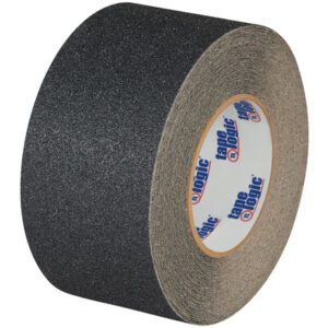 The 3 x 60 Black Tape Logic® Anti-Slip Tape roll offers a gritty, textured surface. With the tape n logic branding in blue and orange, its thick, substantial, and perfect for industrial or safety applications.
