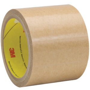 The 3 x 60 yds. 3M™ 950 Adhesive Transfer Tape Hand Roll in a brown and yellow design, featuring red 3M branding, is part of a convenient 6-pack, displayed upright to reveal its complete cylindrical form.