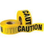 Two bright yellow MH-USA 3 x 1000 barricade tape rolls, each with bold black CAUTION lettering, are displayed. One stands upright while the other unfurls, creating focus against a plain white background.