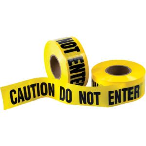 Two rolls of MH-USA 3 x 1000 barricade tape, featuring bold CAUTION DO NOT ENTER text, are displayed: one upright and the other partially unrolled to show the warning.