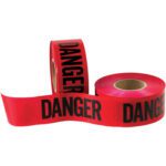 A case contains four MH-USA 3 x 1000 barricade tape rolls labeled DANGER in bold black. Two rolls are shown: one upright, the other partially unrolled to display its warning.