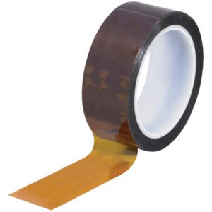 A partially unrolled 1 1/4 x 36 yds. Kapton® Tape, featuring a shiny brown adhesive surface with a white inner core, offers durable coverage in each 1 mil layer.