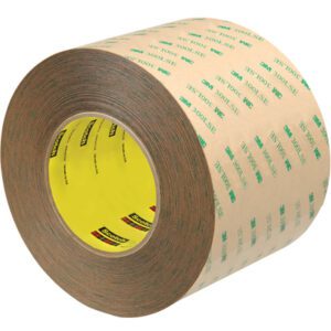 A 4 x 60 yds. roll of 3M 9472LE Adhesive Transfer Tape features a beige backing with green text and a yellow core. Sold in hand rolls, two rolls come per case with each package including a (2 Pack).