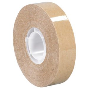 A pack of 3M™ 987 Adhesive Transfer Tape, sized at 1/2 x 60 yds., stands vertically with its white plastic core visible, showcasing the tapes reflective and durable quality.