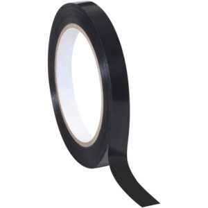 A roll of 1/2 x 60 yds. Tape Logic® Poly Strapping Tape (12 Pack) sits upright with one end slightly unrolled, highlighting its glossy surface and white inner core against a plain white background.