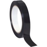 A roll of black 3/4 x 60 yds. Tape Logic® Poly Strapping Tape (96 Rolls/Case), glossy and with a cardboard core, features a partially unrolled strip against a white background.