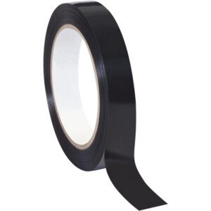 A partially unrolled 3/4 x 60 yds. Tape Logic® Poly Strapping Tape (12 Pack) reveals its adhesive side, with the shiny, smooth tape and white inner core standing out against a plain white background.