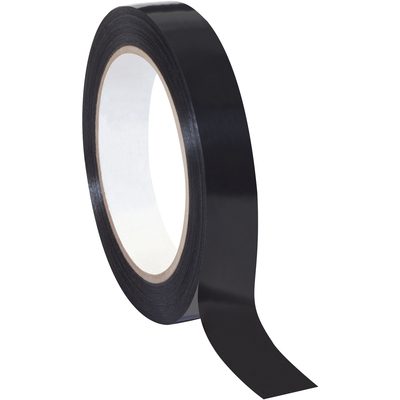 T97619712PK.jpg A partially unrolled 3/4 x 60 yds. Tape Logic® Poly Strapping Tape (12 Pack) reveals its adhesive side, with the shiny, smooth tape and white inner core standing out against a plain white background.