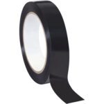 A glossy black roll from the Tape Logic® Poly Strapping Tape 1 x 60 yds. (12 Pack) unwinds slightly on a white backdrop, securely wound around its cardboard core.