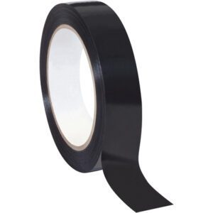 A glossy black roll from the Tape Logic® Poly Strapping Tape 1 x 60 yds. (12 Pack) unwinds slightly on a white backdrop, securely wound around its cardboard core.