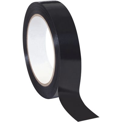T97719712PK.jpg A glossy black roll from the Tape Logic® Poly Strapping Tape 1 x 60 yds. (12 Pack) unwinds slightly on a white backdrop, securely wound around its cardboard core.