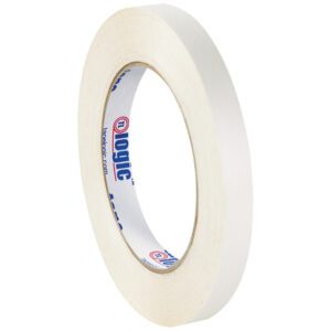 A 1/2 x 60 yds. Tape Logic® Double Sided Film Tape roll is shown at an angle, featuring inner branding in blue and red. The fresh edge signals its unused, with a standard texture for general purposes. (96 Rolls/Case).