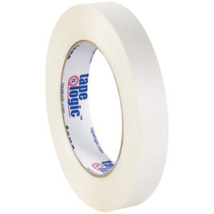 A roll of Tape Logic® Double Sided Film Tape, 3/4 x 60 yds., with vivid blue and red text, stands upright against a white background.