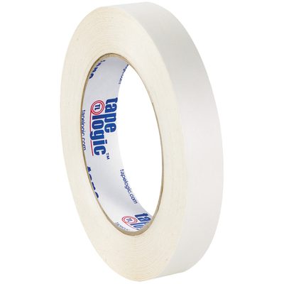 T983460.jpg A roll of Tape Logic® Double Sided Film Tape, 3/4 x 60 yds., with vivid blue and red text, stands upright against a white background.