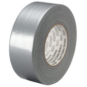 A roll of 1 x 60 yds. Silver (3 Pack) 3M™ 3939 Duct Tape stands upright with a slightly reflective surface. The inner spool shows branding and multilingual text, making it perfect for diverse uses.
