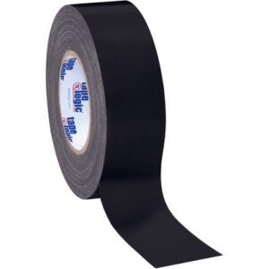 A partially unrolled 2 x 60 yds. Black Tape Logic® 10 Mil Duct Tape reveals sturdy adhesive; its inner core displays brand graphics on white. Sold in cases of 24 rolls for all your sealing needs.