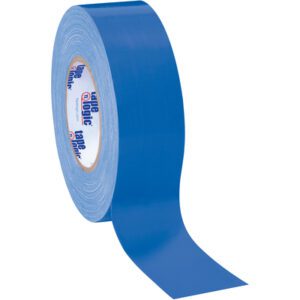 A roll of 2 x 60 yds. Blue Tape Logic® 10 Mil Duct Tape gleams with its wide, glossy surface when unrolled, showcasing durability and a sleek finish.