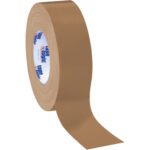 A roll of Tape Logic® 10 Mil duct tape, partially unrolled with the end hanging down, features logos inside. This Brown 2 x 60 yds., (3 Pack) is ideal for strong sealing tasks.