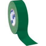 A 2 x 60 yds. green Tape Logic® 10 Mil Duct Tape from a 3 pack is unspooled, showing its glossy adhesive side with the brand name on the inner label.