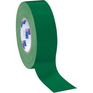 A 2 x 60 yds. green Tape Logic® 10 Mil Duct Tape from a 3 pack is unspooled, showing its glossy adhesive side with the brand name on the inner label.