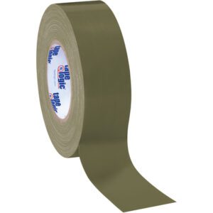 A 2 x 60 yds roll of Tape Logic® 10 Mil Duct Tape in olive green, part of a (3 Pack), partially unrolled to show its shiny, textured surface and inner labels with bold blue and red text.