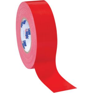 Partially unrolled, a 2 x 60 yds. Red Tape Logic® 10 Mil Duct Tape roll reveals its adhesive side and Tape Logic label. Positioned vertically with the loose end hanging, this vibrant tape comes in a durable and versatile case of 24 rolls.