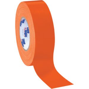 A 2 x 60 yds. roll of bright orange Tape Logic® 10 Mil Duct Tape, partially unrolled to reveal its blue inner label, is available in a convenient (3 Pack), ideal for heavy-duty applications.
