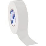A slightly unwound roll of wide, white 2 x 60 yds. Tape Logic® 10 Mil Duct Tape displays its text and colorful logo on the inner cardboard core. This tape is part of a convenient (3 Pack) set and is positioned vertically against a stark white background.