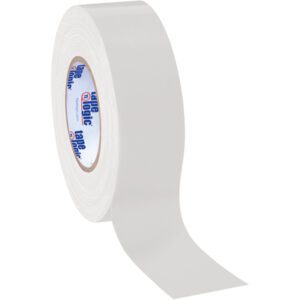 A slightly unwound roll of wide, white 2 x 60 yds. Tape Logic® 10 Mil Duct Tape displays its text and colorful logo on the inner cardboard core. This tape is part of a convenient (3 Pack) set and is positioned vertically against a stark white background.