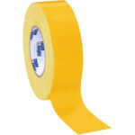 A partially unrolled roll of 2 x 60 yds. Yellow Tape Logic® 10 Mil Duct Tape reveals the brand on its core, set against a white background. This tape, for all your adhesive needs, comes in a case of 24 rolls.