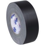 A 2 x 60 yds. Black Tape Logic® 11 Mil Gaffers Tape roll, elegantly angled, showcases its sturdy texture and thickness. The visible label confirms the unmistakable quality in each case of 24 rolls.