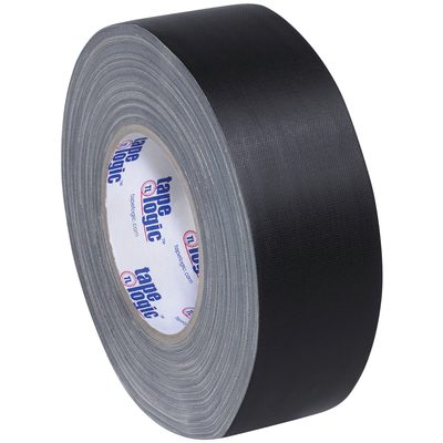 T98718B3PK.jpg A roll from the Tape Logic® 2 x 60 yds. Black Gaffers Tape (11 Mil, 3 Pack) stands upright, its textured surface reflecting light with a red, white, and blue logo on the inner core, slightly angled against a plain background.