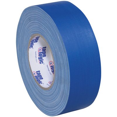 T98718BLU.jpg A roll of 2 x 60 yds. Blue Tape Logic® 11 Mil Gaffers Tape rests on a white surface, showcasing reliability. The vibrant blue and red Tape Logic label highlights its strength and textured finish, with cases containing 24 rolls for convenience.