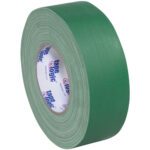 The 2 x 60 yds. Green Tape Logic® 11 Mil Gaffers Tape, featuring tape logic on the inner core, stands elegantly on its side against a white backdrop, showcasing its premium quality.