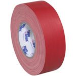 The 2 x 60 yds. Red Tape Logic® 11 Mil Gaffers Tape, part of a 24 rolls/case set, stands upright showing its textured surface and cylindrical shape, with the inner label displaying Tape Logic.