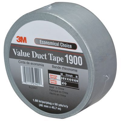 T98719003PK.jpg Choose this economical 3-pack of 2 x 50 yds. Silver 3M Value Duct Tape 1900 for versatile fixes; made in China with reliable adhesive strength.