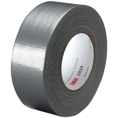 T9872929.jpg A 2 x 50 yds. roll of silver 3M™ 2929 Duct Tape (24/Case) rests on its side, with the inner label partially showing its branding and product details, highlighting its signature quality and reliability.