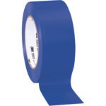 A partially unrolled roll of 2 x 50 yds. Blue (3 Pack) 3M Vinyl Duct Tape 3903 features an inner label with text. This thick, sturdy adhesive tape is perfect for various sealing or binding tasks.