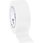 The 2 x 50 yds. White 3M Vinyl Duct Tape 3903, partially unrolled to show its sturdy glossy finish, features printed text on the inner ring and is perfect for numerous applications, available in a case of 24 rolls.