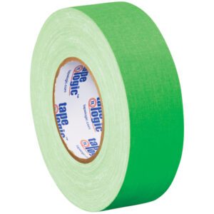 The 2 x 50 yds. Fluorescent Green Tape Logic® 11 Mil Gaffers Tape (3 Pack) prominently showcases its vivid color and branding against a white background, emphasizing its practicality and convenience.